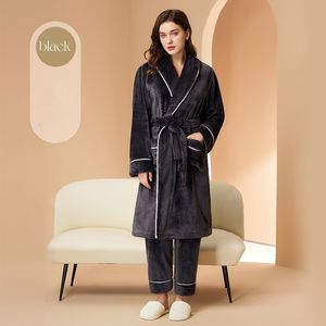 2023 Autumn and Winter New Couple Dressing Gown Set Flanell Thick Extended Bathrobe Foreign Trade Pants Robe