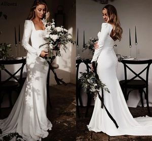 Simple Satin Mermaid Wedding Dresses With Long Sleeves Vintage Square Neck Boho Garden Bridal Gowns Sexy Keyhole Back Buttons Long Plus Size Robes de Mariee CL2192