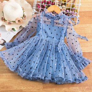 Mädchenkleider Mädchen Kinderkleid für Mädchen Frühling Puff Langarm Fee Mesh Chiffon Polka Dots Sommer 3 4 5 6 7 8 Jahre Kinderkleidung