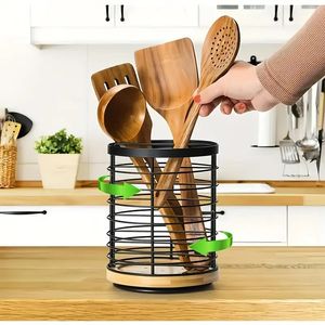 1pc 360 Degree Rotating Knife Fork And Spoon Storage Rack, Large Round Cutlery Rack Double-sided Carved Wooden Base, Kitchen Storage Tools, Household Storage Supplies
