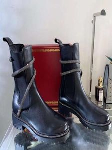 Rhinestone Snake Strass Wraparound Chunky Half Boots Black Leather Womens Low Heel Martin Boots Heavy Duty Luxury Designer Brands 2055542