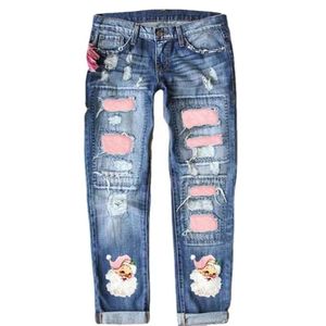 Jeans femininos elegantes mulheres leggings de natal santa impressão retalhos rasgados calças meados de cintura buraco visto anteriormente tamanho para marca de atacado