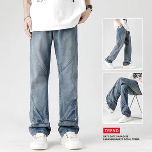 Jeans da uomo Pantaloni a gamba larga in denim blu 2023 Pantaloni da uomo sfumati a vita media stile coreano patchwork dritto taglia 3XL