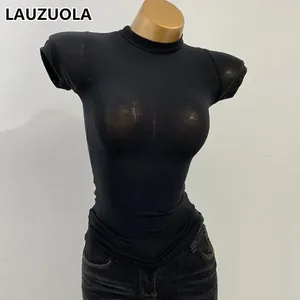 Women's T Shirts Casual Short Sleeve Turtleneck Super Stretch Top 2023 Summer Fashion Elegant See Through Tops Tees Y2k