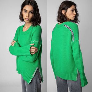 23aw Zadig Voltaire Women's Knits Tees Ethnic Style Handvävda tröjor Hem Split Cashmere Women's tröja