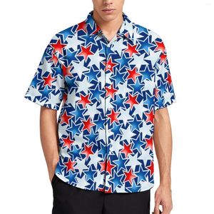 Camicie casual da uomo Camicia da spiaggia con stelle rosse bianche e blu Uomo Stelle astratte Stampa Camicette oversize vintage design a maniche corte Hawaii