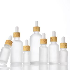 Frosted Glass Essential Oils Parfymflaskor med trägrain Cap Reagent Pipette Eye Droper Aromaterapi Liquid Containers 10 ml 30 ml 50 ETOP