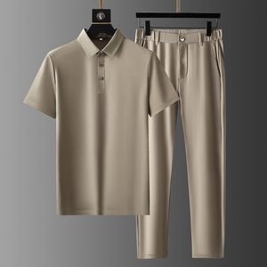 Herrespår is Silk Elastic Tracksuit Summer Thin Set Quick Torking Polo Shirt Casual Pants Two Piece Set Men's Lapel Sports Suit 230422