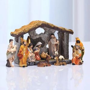 Christmas Decorations 12pcs Set Manger Nativity Real Life Jesus Crib Ornament Holy Family Crafts Statue Decor 231121