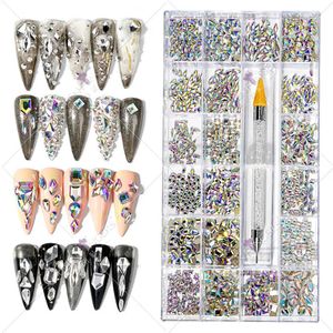 Decorações de arte de unhas 2500pcs luxo brilhante diamante arte de unhas strass caixa misturada ab vidro cristal gem 21 grades1pcs pegar caneta kit decoração de unhas 231121