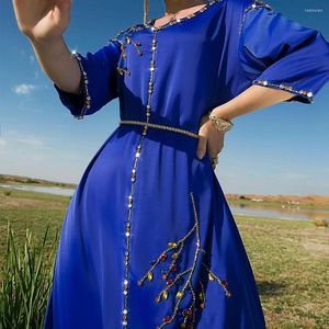 Ethnische Kleidung Robe Femme Musulmane Royal Blue Satin Halbarm Muslime Frauen Kleid Dubai Travel Abayas für Abendkleider