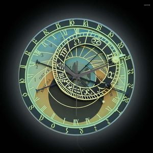 Orologi da parete Orologio astronomico di Praga Quadrante luminoso Luce notturna Decorazioni per la casa Architettura medievale ceca Oroscopo Lampada a LED