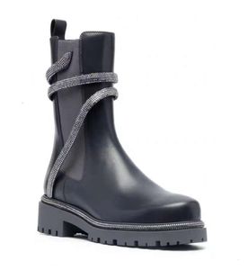 Botas strass Snake Strass Wraparound botas grossas meia botas de couro preto feminino salto baixo Martin Boot pesados marcas de grife de luxo para UGGsity SDFTR