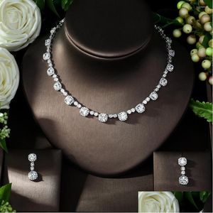 Earrings & Necklace Necklace Earrings Set Fashion Luxurious White Gold-Color Simple Design Cz Tiny Round Stone Chain Bridal Wedding Gi Dhghb