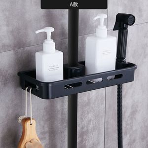 Badrumshyllor Duschförvaring Rack Hållare Praktisk polarrangör Black Shower Shampo Tray Single Tier Bathhyllor med duschhuvudhållare 230422