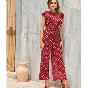 Women's Jumpsuits Rompers Elegant Short Sleeve Crew Neck Jumpsuit for Women Bohemian Wave Point Loose Long Wide Leg Pants Travel Party Summer 230422