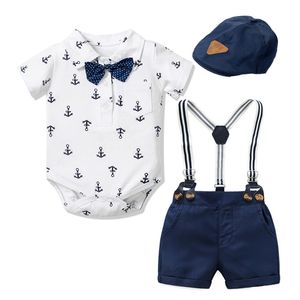 Clothing Sets born Boy Clothing Outfits Anchor Print Suit Short Bow Hat Suit Birthday Dress Infant Boy Kid 3 6 9 12 18 24 Months 230422