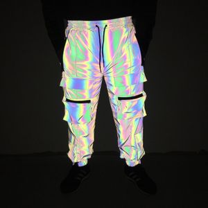 Calças masculinas homens holográficos Rave Reflexivo Rave Geométrico Colorido Hip Hop Cargo