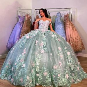 Princess Sage Embroidered Lace Quinceanera Dresses 2024 Off Shoulder Mexican Lace Up Graduation Gowns For sweet 15 16