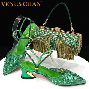 Dress Shoes Chan Pointed Toe Heels for Women Party Green Color Full Diamond Lace Matching Design Italian Shoe and Bag Set Designer 231121