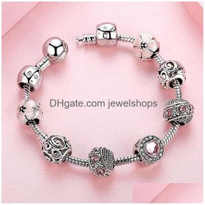 Bedelarmbanden Roze Sakura Bloemarmbanden Pan Dora Designs 925 Sier Mode Liefde Hartvormig Kristal Strass Opaal Kralen Bedel Dhswb