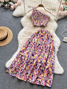 Two Piece Dress SINGREINY Floral Chiffon Two Piece Summer Sets Women Irregular Off Shoulder Sexy Camisole Elastic Waist A Line Skirt Beach Suits 230422