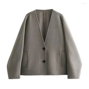 Women's Jackets Woman Gray Loose V Neck Wool Coat 2023 Autumn Winter Female Solid Oversized Single Breasted Coats Ladies Elegant Warm