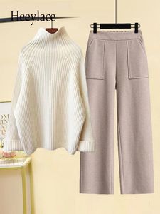 Womens Two Piece Pants Autumn and Winter Warm Set Elegant Turtle Neck Knitted Loose Sweater Wool 4XL 231121