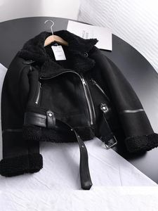Женская зимняя винтажная замшевая короткая куртка из искусственного меха с мехом ягненка, женская толстая теплая байкерская черная куртка с поясом, женская куртка из искусственной кожи с поясом, верхняя одежда с поясом 231122