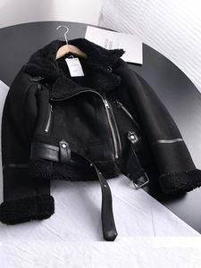 Women's Fur Faux Fur Winter Vintage Suede Lamb Short Jacket Women Thick Warm Moto Bike Black Coat Female Sashes Faux Leather Jacket Outwear with Belt 231122