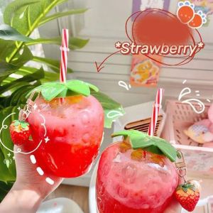 Net Red Strawberry Straw Tumblers Plastic Cup Cute Female Hand-held Milk Tea Student Portable Watercup Water Bottle by sea 1122