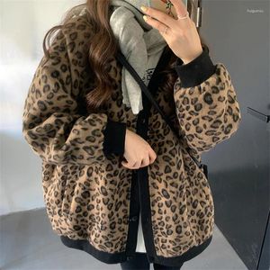여자 트렌치 코트 가을 가을 겨울 표범 프린트면 의류 2023 한국어 느슨한 두꺼운 따뜻한 니트 재킷 소녀 탑 BD443