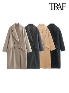 Women's Wool Blends TRAF Women Fashion Oversized Double Breasted Woolen Coat Vintage Long Sleeve Flap Pockets Female Outerwear Chic Overcoat 231122