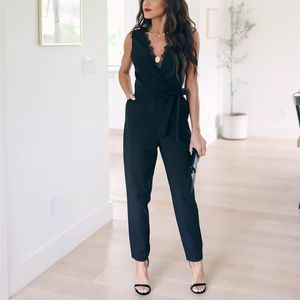 Frauen Jumpsuits Strampler Mode Spitze Frauen Overall mit Gürtel ärmellos Sommer lässig V-Ausschnitt Solide Frauen schwarz Overalls Mode weibliche Hosen 230422