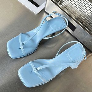 Dress Shoes Liyke Summer New Fashion Blue White Women Sandals Casual Low Thin High Heels Narrow Band Gladiator Pumps Square Toe Dress Shoes