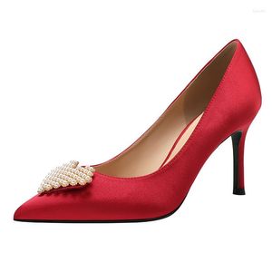 Abendschuhe Satin Liebesperlen High Heels Damen Spitz Rot Braut Damen Weiß Hochzeit Pumps Stiletto