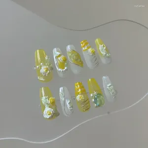 Unhas falsas artesanais wearable artificial verão cor amarela 3d alívio design imprensa em unhas falsas capa completa desgaste