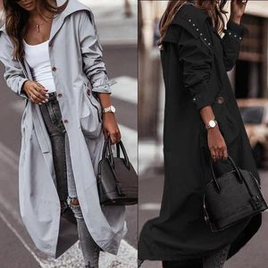 Mulheres Trench Coats Mulheres Jaqueta Longa Com Capuz Windbreaker Zíper Primavera Outono Moda Casual Casaco Solto Outerwear Street Wear Preto Cinza