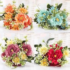 Decorative Flowers Seven Headed Rose Peony Bouquet Artificial Silk Flower White Wedding Home Decoration Christmas Party Gift Autumn Color