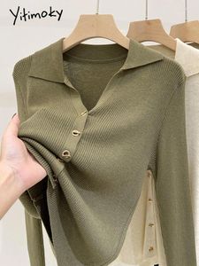 Damenstrick Yitimoky V-Ausschnitt Strickjacke für Frauen Herbst Winter 2023 Koreanischer einreihiger Pullover Schlanke Damen Elegante solide Pullover