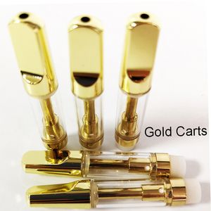 1.0ml Cartuchos Vape E-cigarro Carrinhos de cor de ouro vazios atomizadores de óleo grosso parafuso plano dourado no bocal bobina de cerâmica tanque de vidro 510 thread atomizador logotipo personalizado