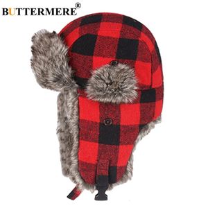 Trapper Hats Buttermer Winter for Mens Bomber Hat päls Röd varma öronflap CAP Windproof Women Tjockare Plaid Russian Ushanka Black Blue 231122