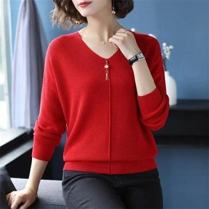Kvinnors tröjor koreanska mode förtjockar pärlor kvinnor stickad tröja röd elegant avslappnad långärmad tees höst vinter stickad topp grundläggande pullo