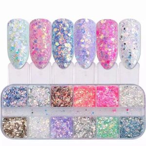 Polveri acriliche Liquidi 12 griglia olografica glitter per unghie paillettes lucide fluorescenti scaglie di polvere di sirena Decorazione di polvere di pigmenti per manicure 231121