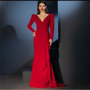 Women Dark Red Evening Dresses Long Elegant A Line Double V Neck Ruffles Satin Formal Party Dress Long Sleeve Prom Dress