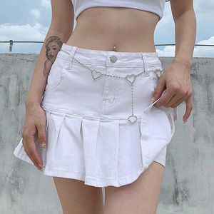 Saias Mini saia jeans de cintura alta plissada Mulheres elásticas Uma saia de linha de verão Novo