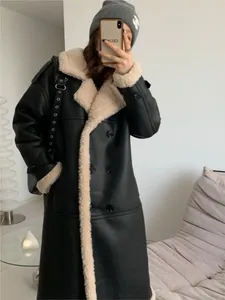 Casacos longos de inverno de pele feminina 2023 moda falso trench coats feminino high street turn-down colarinho roupas