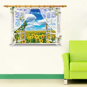 Adesivos de Parede Linda Terra de Girassol 3D Janela para Sala de estar Quarto Decoração Pastoral Cenário Mural Art Home Decalques