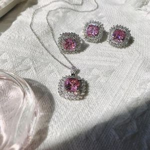 Necklace Earrings Set Lihua Tiktok Big Coffee Fashion Explosion Three-piece Princess Pink Ring Female Exaggerated Bright Full Of Zircon