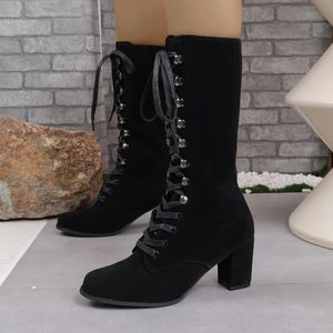 Stövlar Autumn Winter Women's Boots Fashion Point Toe Kne Length Boots Stora Size Boots For Ladies Lace Up Square Heel Women Boots 231122